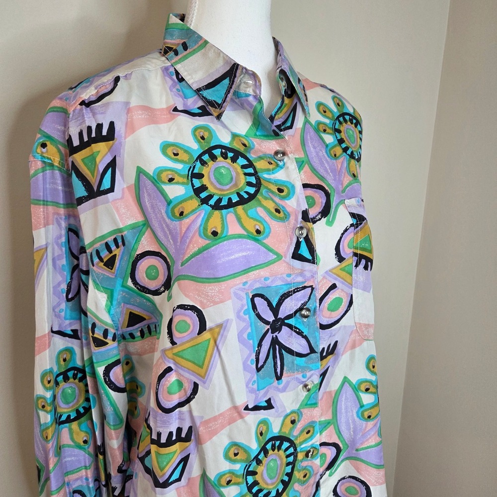 Vintage 80s Jane Ashley 100% Silk Abstract Blouse Shoulder Pads Size M - Picture 2 of 5